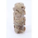 Chinese archaic-style jade bead of cylindrical form, carved in high relief with meandering quillin,