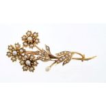 Victorian gold and seed pearl floral spray brooch 55mm