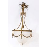 Edwardian gilt brass hanging light fitting with cut and frosted bowl and swag decoration