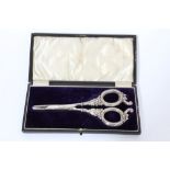 Pair Edwardian silver grape scissors with reed and ribbon handle and grape decoration,