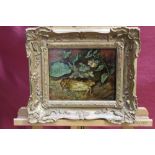 Victorian English school oil on panel - a dead song bird among foliage, in gilt frame, 18.5cm x 23.