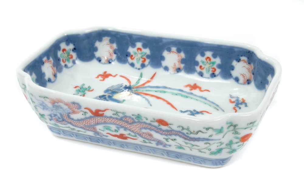 18th century Chinese famille verte rectangular dish with Kakiemon-style hoho bird,