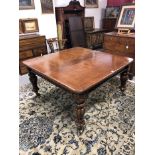 Large mahogany extending dining table rectangular crossbanded pull-out top on turned fluted legs