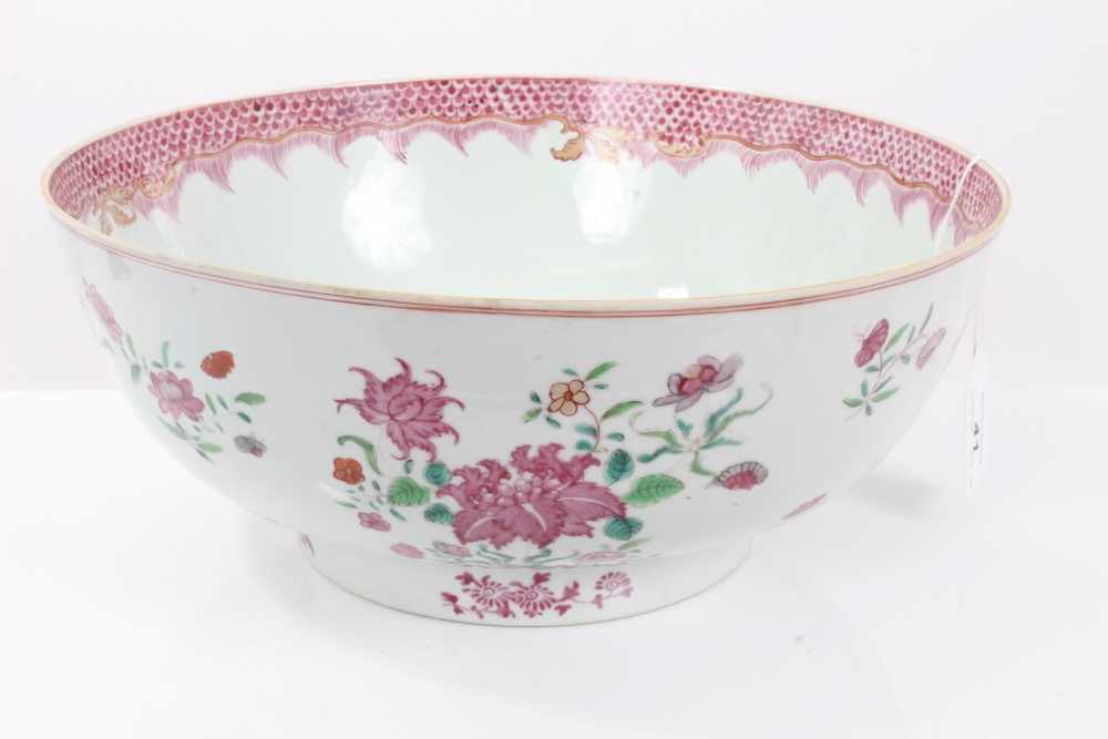 Mid-18th century Chinese export famille rose punch bowl with polychrome floral sprays and scaled