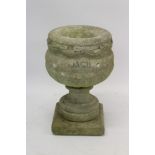 Carved marble urn with everted rim and lobed body on square foot, inset name - 'JACK',