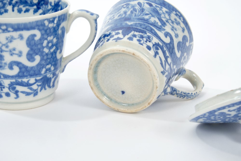 Two early 19th century pearlware custard cups and covers with printed bird and floral decoration - Image 3 of 3