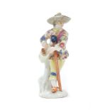 18th century Meissen miniature figure of a gentleman with club and gamebag,