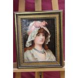Late nineteenth century oil on canvas - portrait of a young lady wearing a bonnet, in gilt frame,