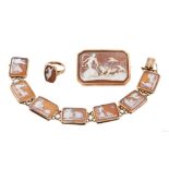 19th century Italian carved shell cameo brooch and bracelet en-suite, each with a chariot,