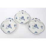 Set of three 18th century Worcester blue and white shell-shaped dessert dishes with printed floral