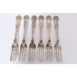 Set of six Victorian silver Kings Pattern with diamond heel dinner forks with engraved initial