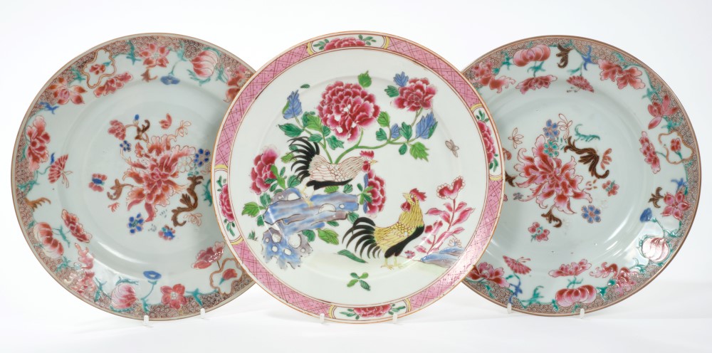 Mid-18th century Chinese export famille rose porcelain plate painted with cockerels on rock with