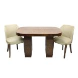 Art Deco walnut extending dining table and ensuite set of six chairs,