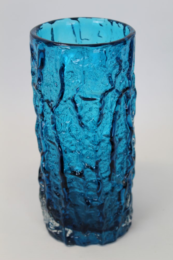 Large Whitefriars Kingfisher Blue bark vase, designed by Geoffrey Baxter,