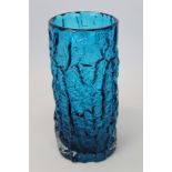 Large Whitefriars Kingfisher Blue bark vase, designed by Geoffrey Baxter,