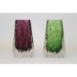 Two Whitefriars coffin vases - Aubergine and Meadow Green, designed by Geoffrey Baxter,