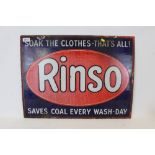 Vintage Rinso enamel advertising sign - 'Soak the clothes that's all! Saves Coal Every Wash-Day',