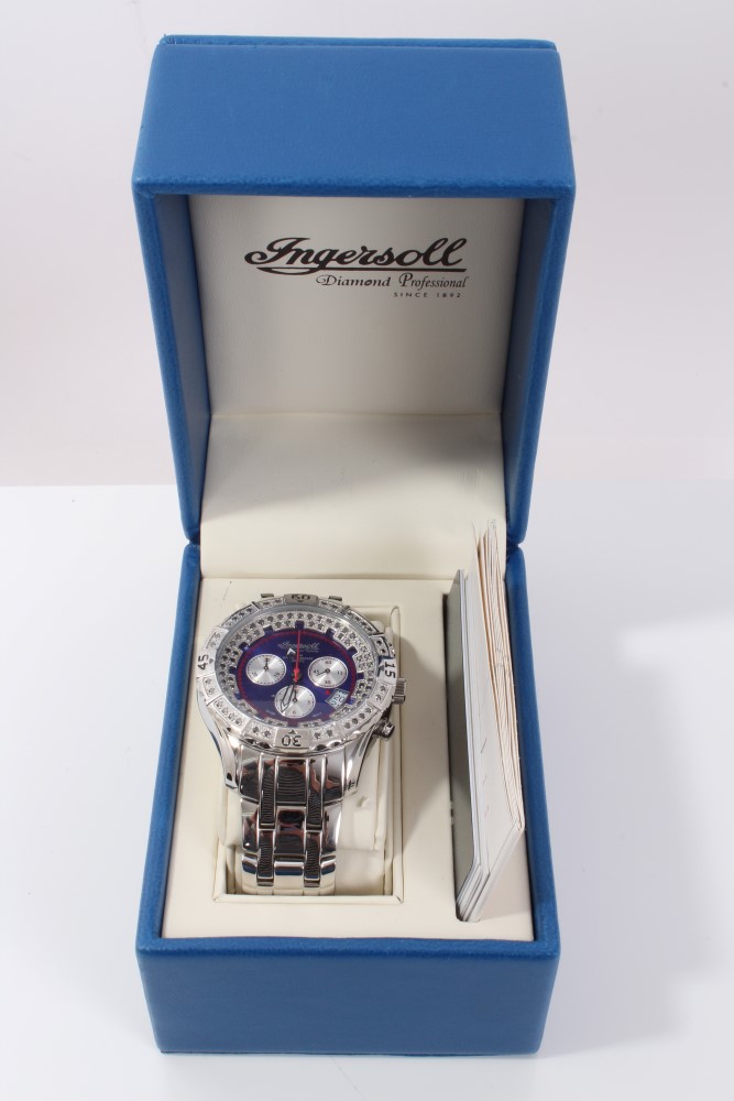 Ingersoll diamond Ronda Startech stainless steel wristwatch with black diamond set bezel and blue /