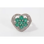 White gold (9ct) emerald and diamond heart-shaped cluster ring.