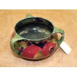 Moorcroft Pomegranate pattern three-handled shallow vase with green ground - green signature and