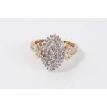 Gold (9ct) marquis diamond cluster ring with diamond set shoulders,