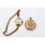 Gold (9ct) cased fob watch with gilt dial and Roman numeral markers,