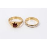 18ct two-colour gold wedding ring, together with a garnet single stone ring,