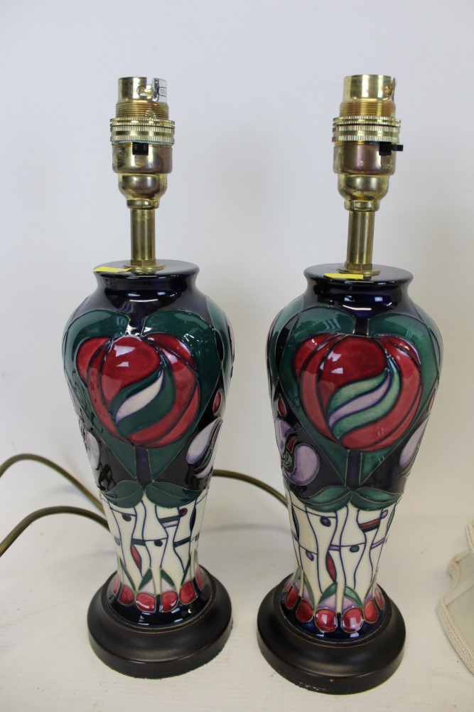 Pair of Moorcroft Pottery Charles Rennie Mackintosh tribute table lamps with cream shades