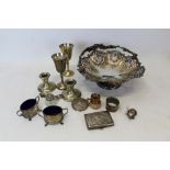 Selection of miscellaneous silver - including pair salts, cigarette case, napkin ring,