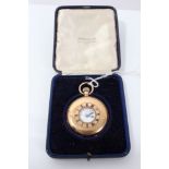 Gentlemen's 9ct gold half hunter pocket watch with Swiss fifteen jewel button-wind movement,