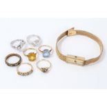 Four gold (9ct) gem set dress rings, two silver rings,