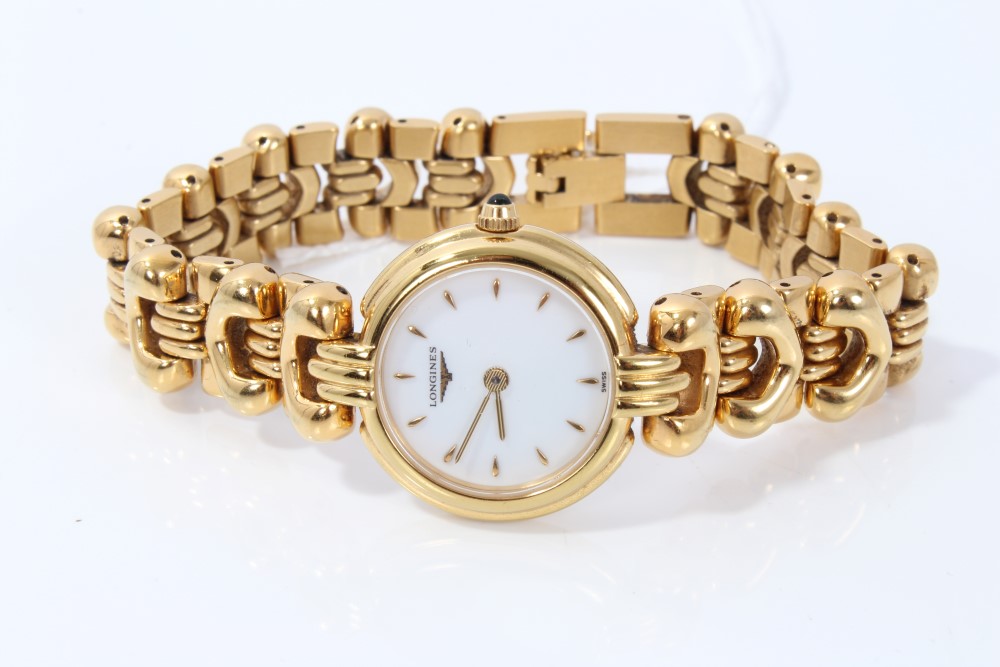 Ladies' Longines gold plated wristwatch on ornate link bracelet, numbered 27625223, 17.