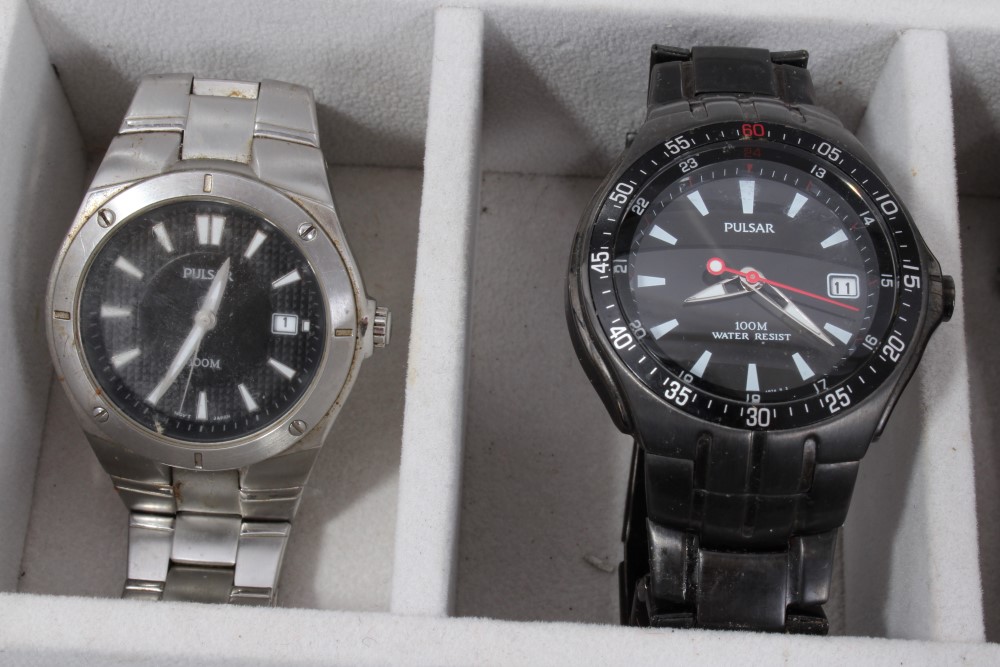 Collection of nine various Pulsar wristwatches within a black leather watch display case - Image 2 of 7