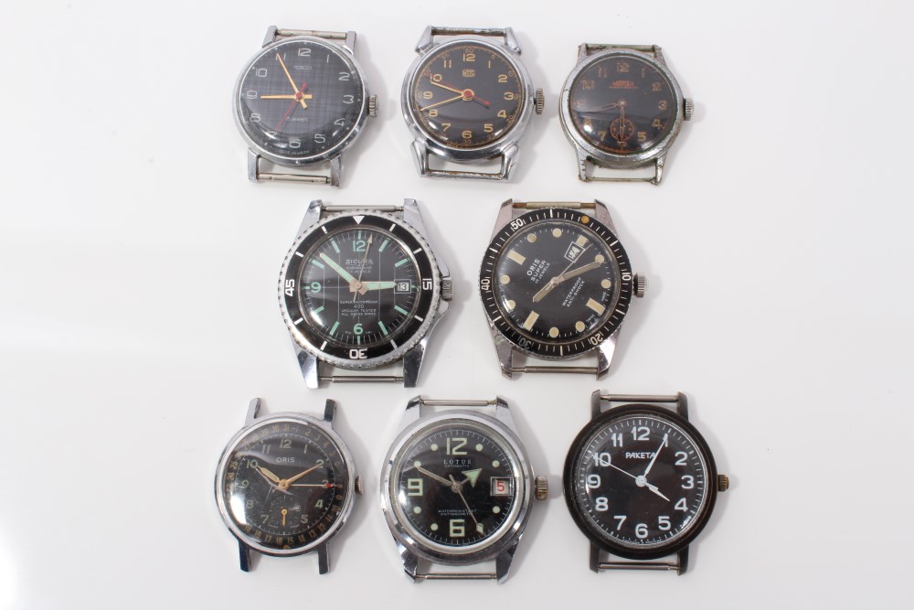 Eight military-style watches - to include two Oris, Lotus, Paketa, Roamer, Sicura,