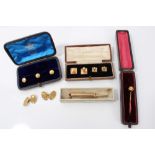 Set of four Art Deco 9ct gold dress studs in fitted box, three 18ct gold dress studs,