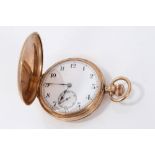 Gold (9ct) full hunter seventeen jewel pocket watch with white enamel face, Arabic numerals,