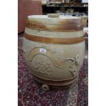 Large 19th century salt stoneware barrel with raised fruiting vines and Royal coat of arms