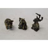 Good quality set of three cast silver models of a stag, bear and bull,