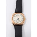 1920s gentlemen's Silvana 9ct gold wristwatch with Swiss fifteen jewel movement in cushion-shape