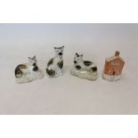 Pair 19th century Staffordshire pottery figures of cats, with sponged decoration,