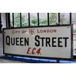 City of London street sign for Queen Street E.C.4., white glass panel mounted in steel frame, 91.