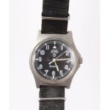 CWC military wristwatch in brushed steel case with black Arabic numeral dial,