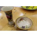 Royal Worcester bowl with gilt flared rim and painted rose decoration, signed - E.