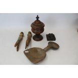 Selection of miscellaneous treen - including a turned walnut tobacco jar, two vintage peg dolls,