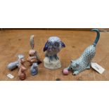 Collection of Herend porcelain figurines - to include owl, 12cm high, cat with a ball, rabbit,