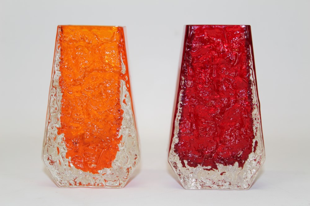 Two Whitefriars coffin vases - Ruby and Tangerine, designed by Geoffrey Baxter,