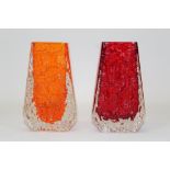 Two Whitefriars coffin vases - Ruby and Tangerine, designed by Geoffrey Baxter,