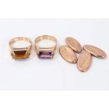 Two gold (9ct) gem set cocktail rings and pair gold (9ct) oval panel cufflinks CONDITION