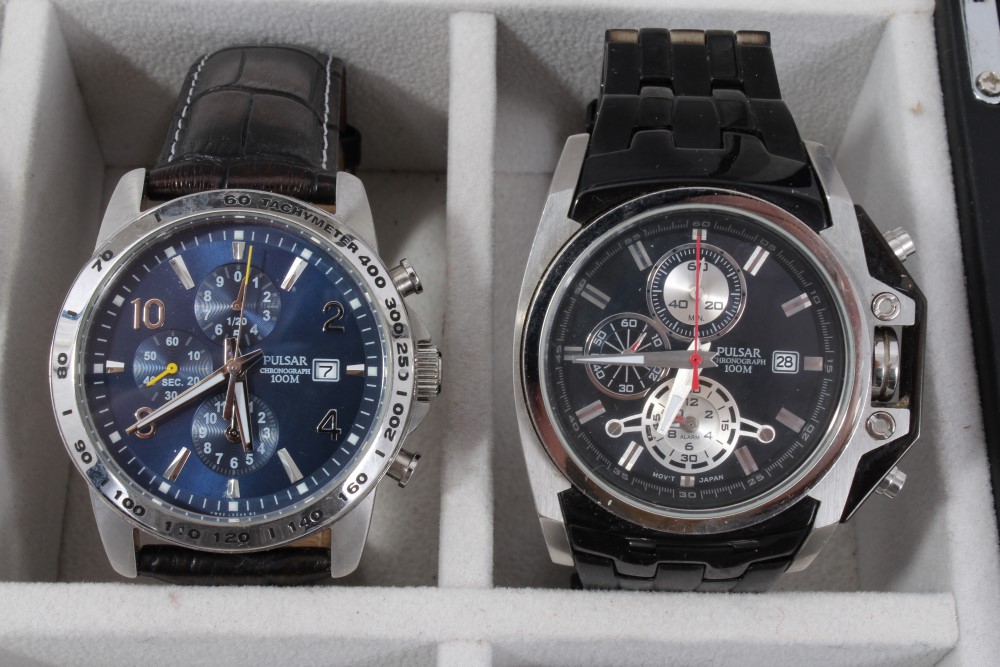 Collection of nine various Pulsar wristwatches within a black leather watch display case - Image 3 of 7