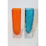 Two Whitefriars Nailhead vases - Kingfisher Blue and Tangerine, designed by Geoffrey Baxter,